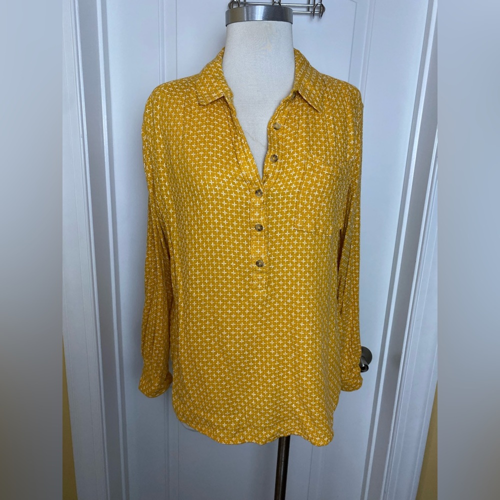 By Anthropologie Tunic L Mustard Embroidered Stitch Back Button High Low Shirt